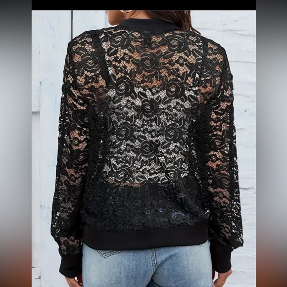 401. Stylish Guipure Lace Zip-Up Jacket - Casual Long Sleeve Baseball Collar Out - Picture 2 of 2